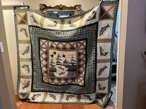 Hand Made Patchwork Quilt Bedspread Trout Fish Log Cabin Applique