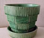 VINTAGE MCCOY POTTERY  5  INCH BASKETWEAVE FLOWER POT WITH ATTATCHED SAUCER