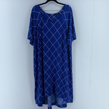 Ellos Womens 1X 22 24 High Low Shift Dress Blue White Windowpane Stretch Comfort