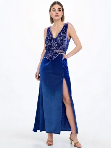 Celine, Abito formale Céline New York vintage blu velluto ricamato corpetto floreale ballo