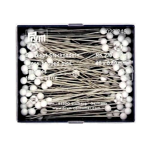 PRYM WHITE GLASS HEADED 48mm PINS 029248 BOX 30g 48mm x 0.8mm