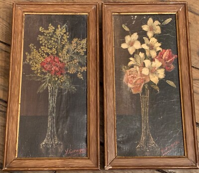 1930's Pair of Art Deco Canvas Oil Paintings on Still Life Flower Bouquet