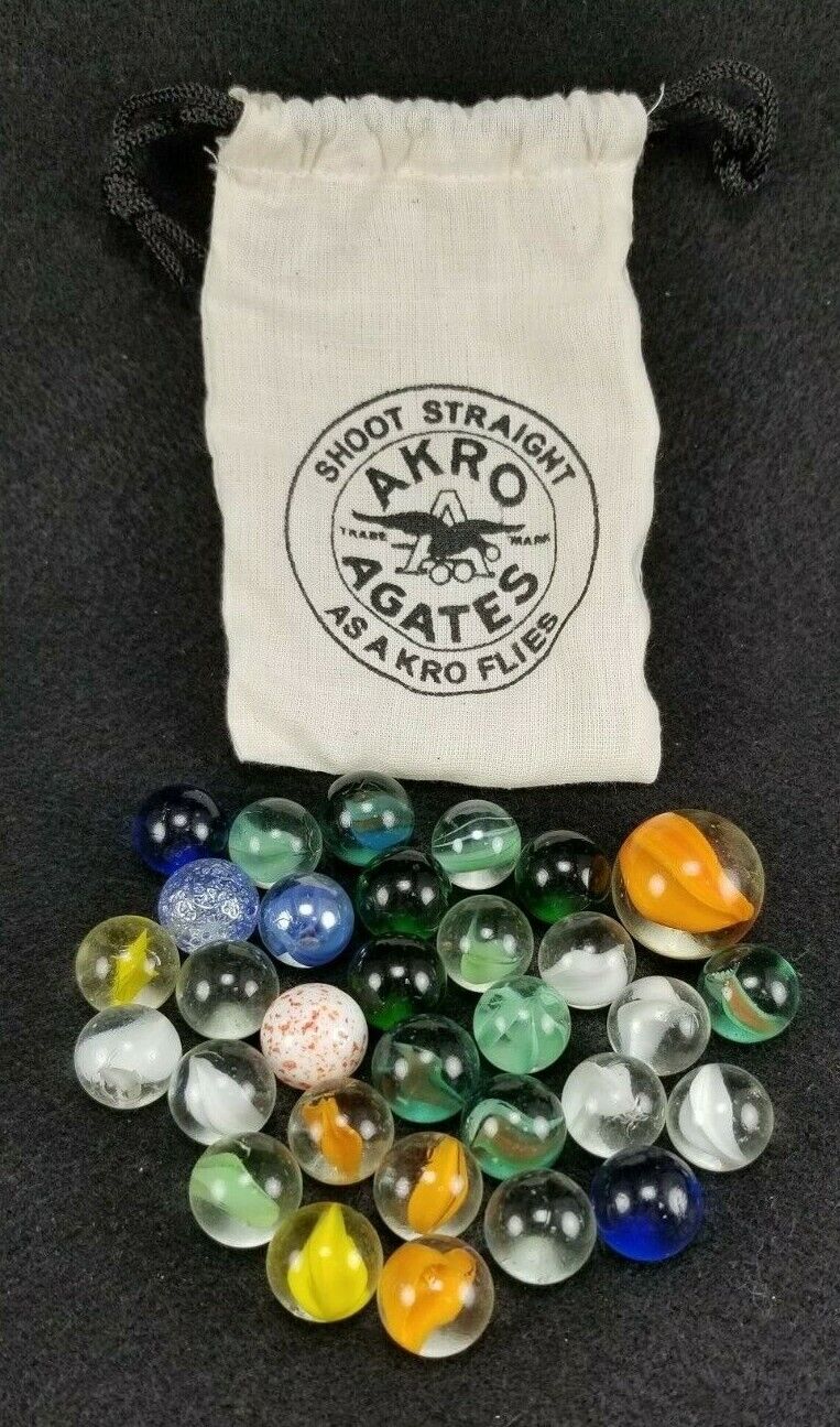 Vintage Style Akro Agates Marble Bag With 30 Marbles & 1 Shooter - FREE S&H!!