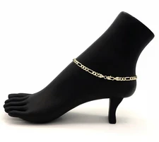 10" ITALIAN FIGARO LINK CHAIN ANKLET 5mm ANKLE BRACELET 14K GOLD PLATED