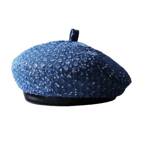 Lady Classic Sequin Denim Beret Hat PU Leather Brim Painter Brimless Cap Vintage - Picture 6 of 10
