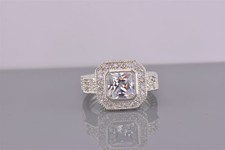 Sterling Silver Framed Cubic Zirconia Halo Accented Carved Band Ring 925 Sz: 9