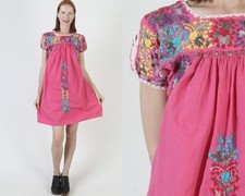 Pink Oaxacan Dress Floral Hand Embroidery Mexican Cover Up Puebla Cotton Kaftan