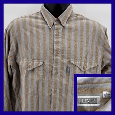 Levi's Button Down Shirt Men Large Tan Grey Striped Vintage Workwear Long Sleeve