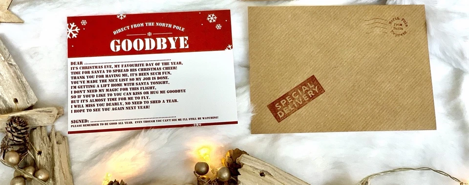 TOY BOX ON THE BOOK SHELF Elf goodbye Letter Plus Envelope. Elves, Hand-stamped on the Envelope, Xmas Prop