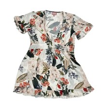 Show Me Your Mumu Virginia mini dress floral pink white v neck ruffle hem sz S