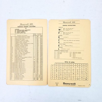 Vintage Lot of 2 Reserved Memory Location Key Cards Honeywell 400 Octal/Alpha