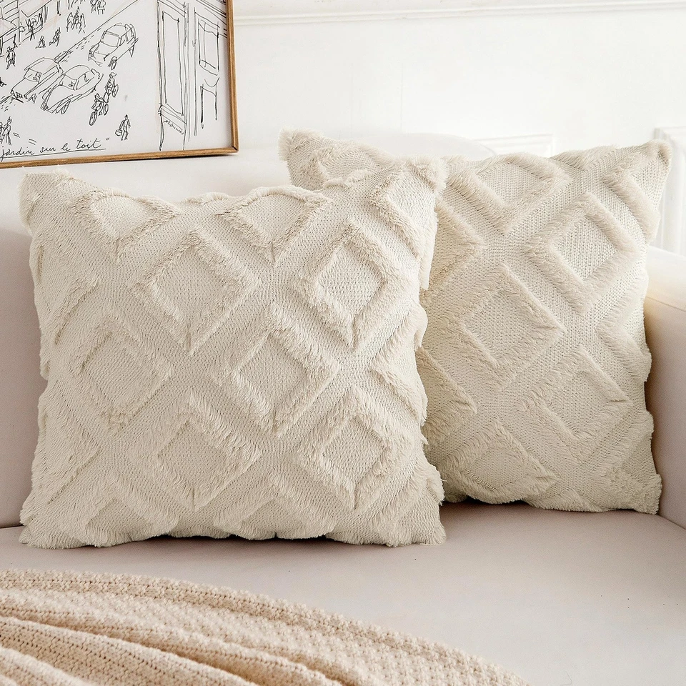 2er Set Boho Kissenbezug 45x45 Beige  Flauschig Zierkissen Kissenbezüge in Wo... - Bild 1 von 4