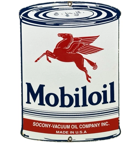 VINTAGE MOBIL MOTOR OIL CAN PORCELAIN SIGN GAS STATION MOBILOIL PEGGY SOCONY