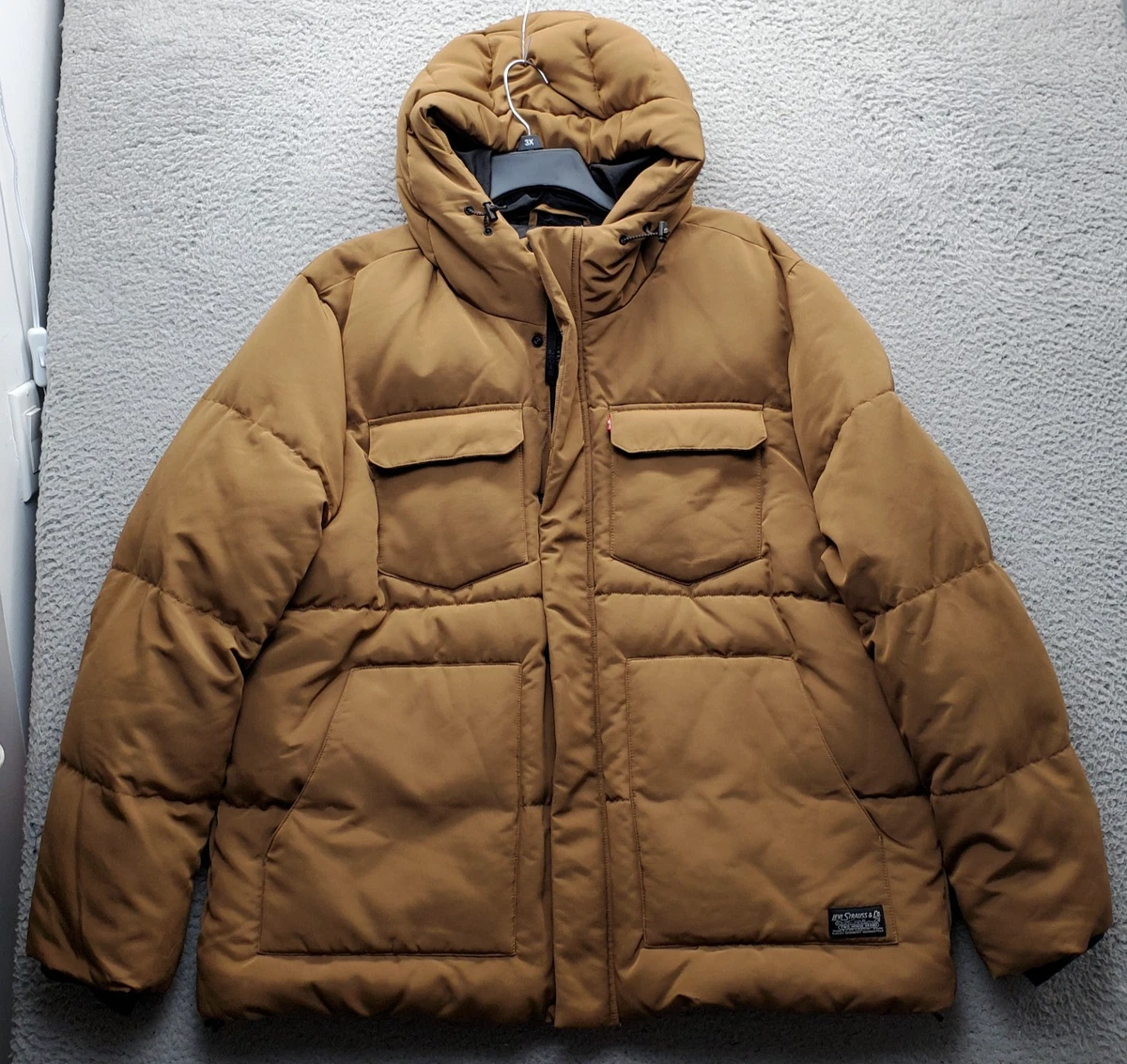 Levi's Puffer Jacket Mens XXL Brown Quilted Utility Pockets Hooded Winter Warm