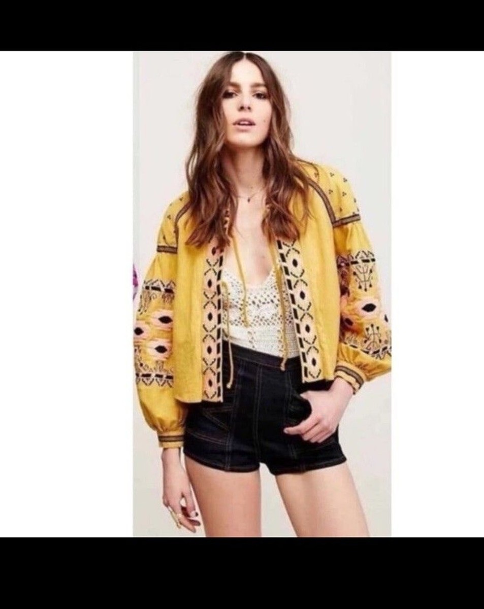 Anthropologie KD Koko Embroidered Long Sleeve SZ S Puff Sleeve Boho Peasant Fall