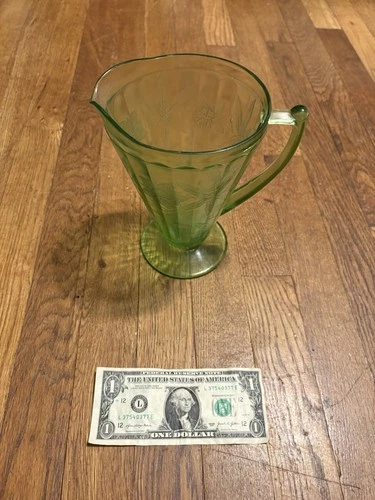 Vintage Green Uranium Depression Glass 7 1/2” Tall Pitcher w/ Etched Floral