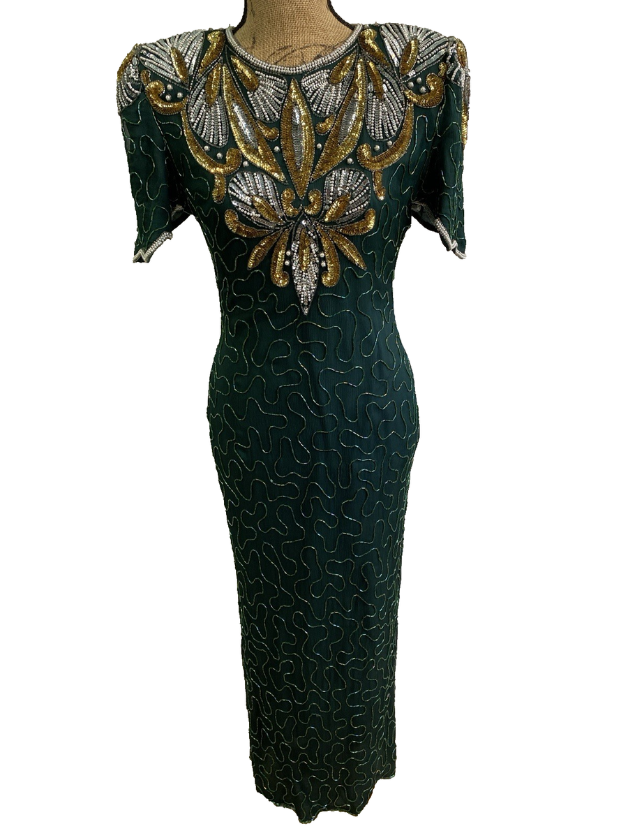 VTG 80s Green Silk Beaded Short Sleeve Evening Formal Long Column Dress Pet M | eBay VTG 80s Green Silk Beaded Short Sleeve Evening Formal Long Column Dress Pet M | eBay