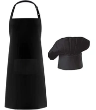 Black Chef Apron and Hat Set Adjustable Adult Kitchen Apron with Pocket