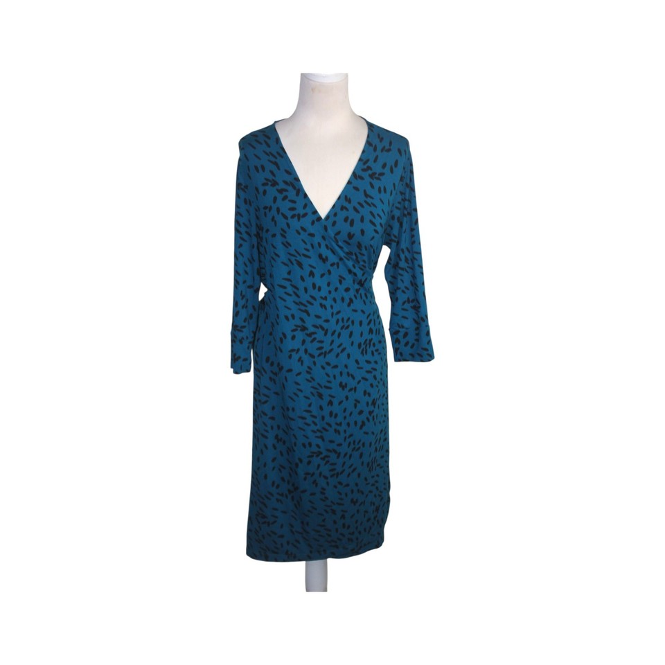 Hobbs London Midi Wrap Dress Size 16 Teal Black Patterned 3/4 Sleeve Stretchy