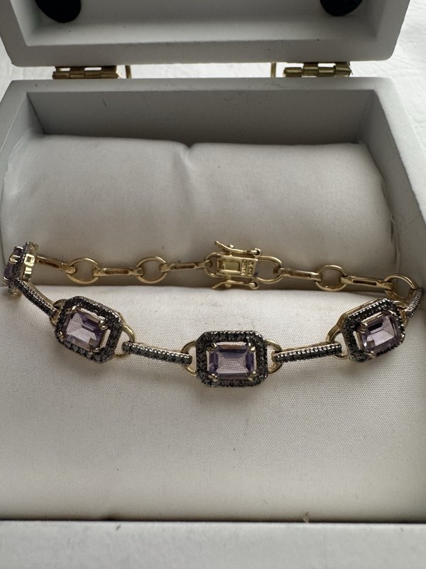 Sterling Silver Vermeil ~7x5MM Amethyst & Diamond Accent Halo Link Bracelet 