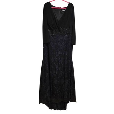 Mac Duggal Size 22W Black Wrap Over Long Sleeve Lace Applique Trumpet Gown Nwt