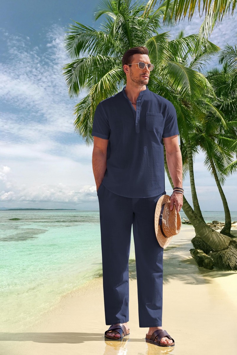 Men's Cotton Linen Sets 2 PC Casual Navy Blue Shirt Beach pants