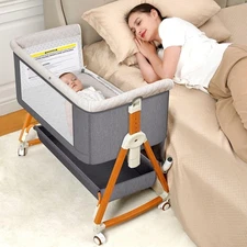 3 in 1 Baby Bassinet Bedside Sleeper, 6 Height Adjustable, Wheels, Mosquito Net