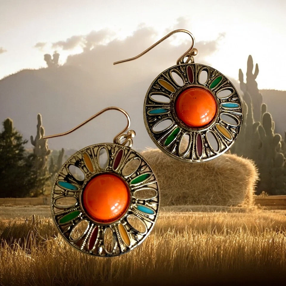 Wunderschöne Retro Boho Ohrringe Vintage Orange Bunt Ohrstecker Sommer Vintage - Bild 2 von 4