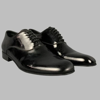 Ermenegildo Zegna Taille 8.5 Chaussures Oxford En Cuir Verni Noires À Lacets - Photo 1/4