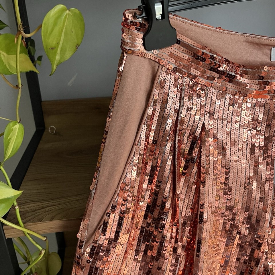 Sequin Trousers 10 Copper Metallic Long Wide Leg Pockets New