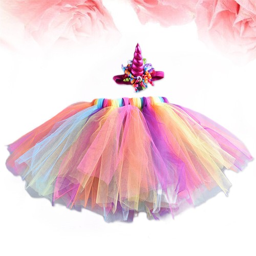 Children Rainbow Color Tutu Skirt Dress Unicorn Headwear Skirt Set for Girls - Picture 11 of 12