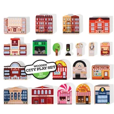 20 Pc Wooden City Play Set - Wooden Town Buildings and Street Signs  Zany Trains