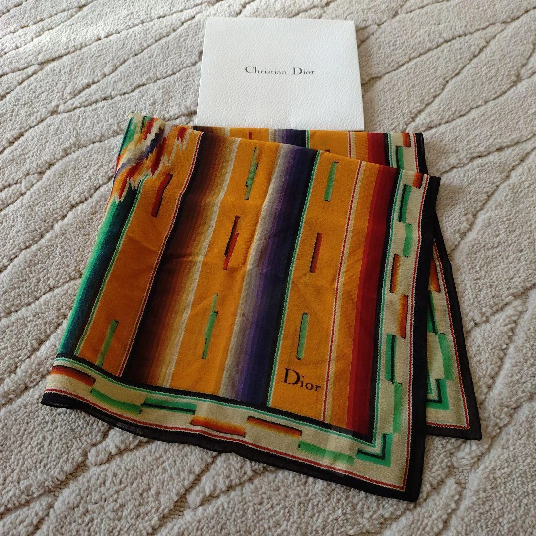 Foulard Christian Dior orange vert motif rayures soie femme France 113293