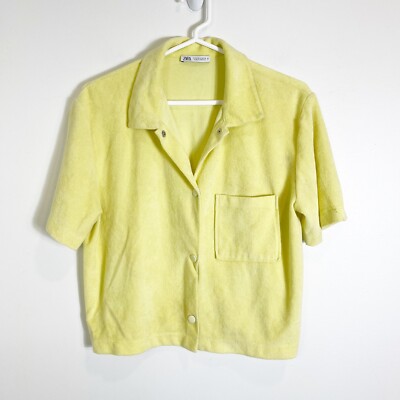 Zara Yellow Terry Cloth Button Down Short Sleeve Shirt Yellow Size