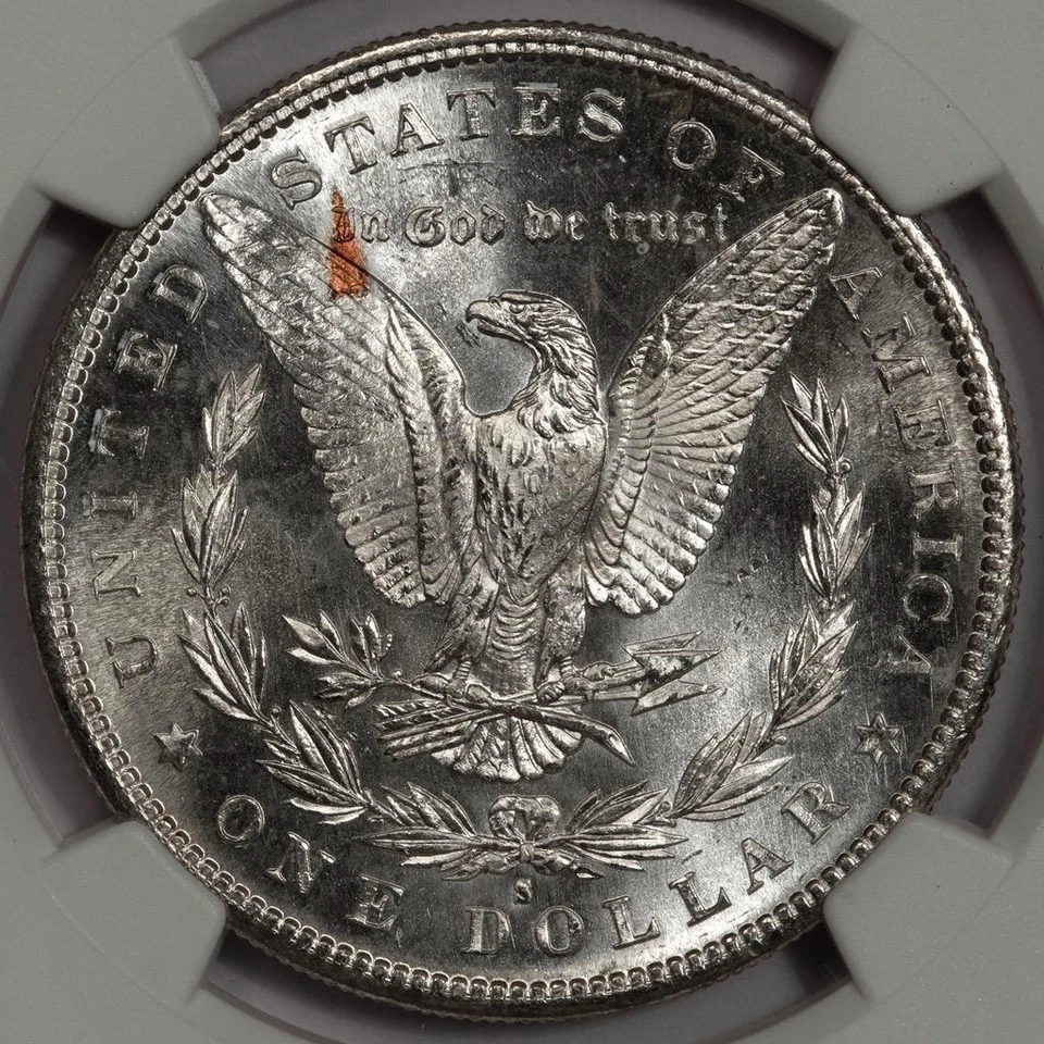 1882 S NGC MS65 Struck In Retained Copper Morgan Dollar Error "Flaming Eagle" - Image 3 of 4