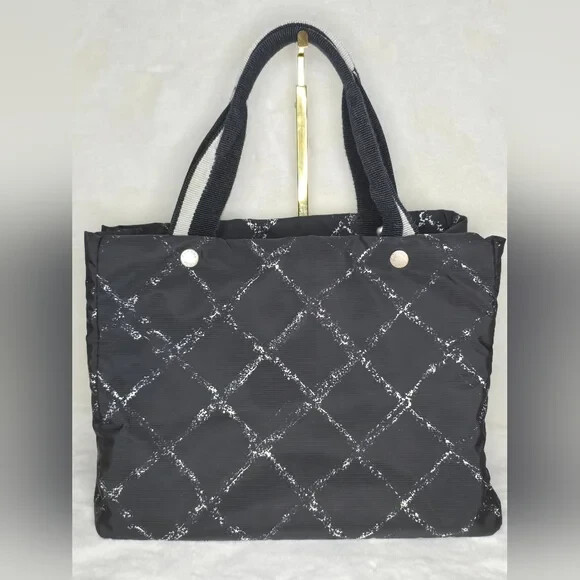 Chanel Authentic Womens Luxury Travel Tote Bag Black Nylon Printed Design