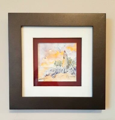 New Original Watercolor Painting Signed Framed Cottagecore Landscape Lighthouse 