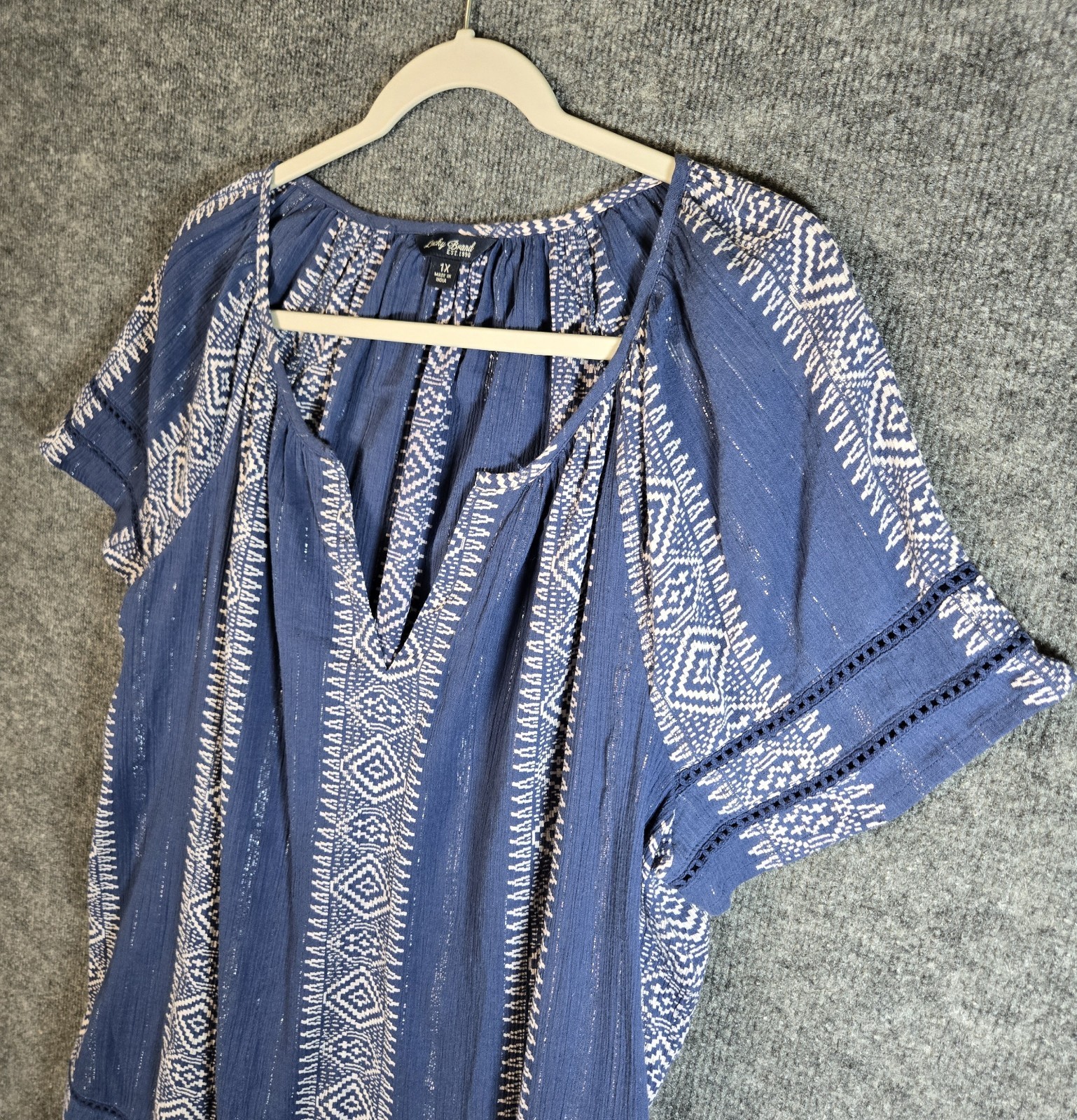 Lucky Brand Top Womens 1X Blue Stripe Gauzy Cotton Glitter Tunic Beachy