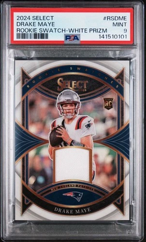 Drake Maye /75 Rookie Swatch White Prizm 2024 Panini Select SSP RC MINT PSA 9