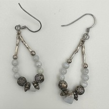 VTG 90s Boho Teardrop White Stone Beaded Earrings Silver Tone Women's Jewelry