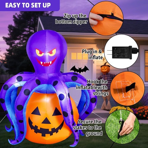 6,2 Fuß Halloween Schlauchboote Dekoration Outdoor, Halloween Oktopus Kürbis Schlag - Bild 5 von 6