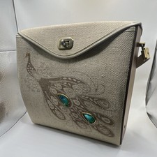 Vintage 60s Enid Collins of Texas "box purse" with peacock jewels wooden sides