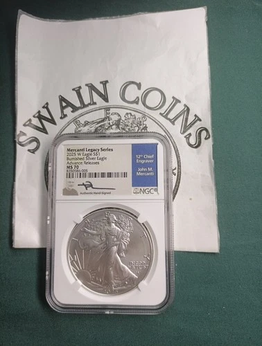 2025 W American SILVER EAGLE  MS70 JOHN MERCANTI SIGNED ADVANCE RELEASES EY109