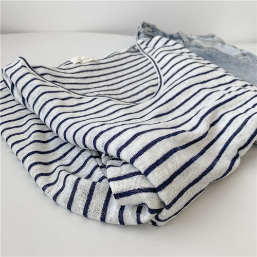 Baumwolle V-Ausschnitt gestreift Baumwolle Kurzarm T-Shirt Damen hellblau weit Top - Bild 8 von 13