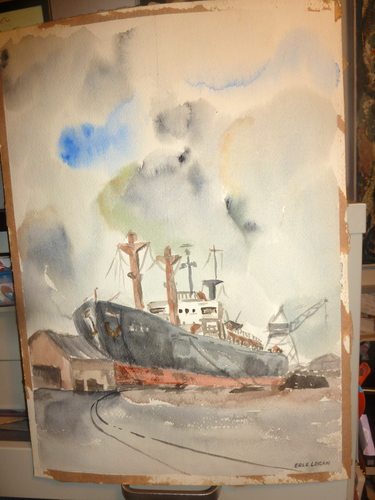 Acquerello vintage Erle Loran originale 2 lati "Cantiere Navale" e "Foresta" - Foto 15 di 17