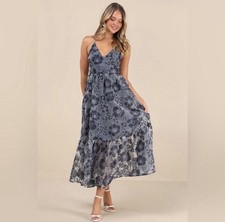 Lulus Feeling Like Forever NWT Medium Navy Jacquard Organza Lace-Up Midi Dress