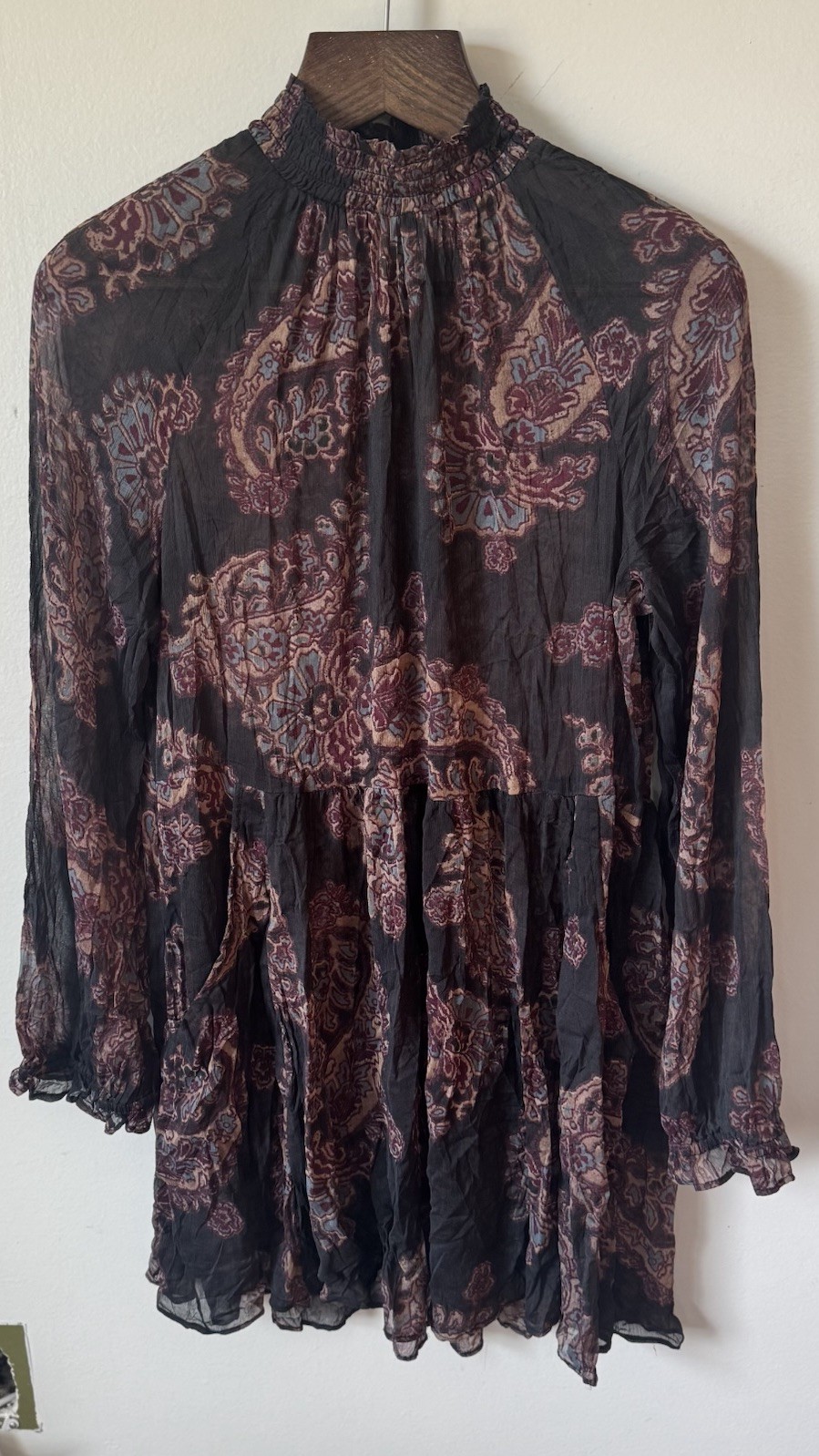 Free People Sheer Tunic Mini Dress With A Paisley Pattern In Black/Burgandy M