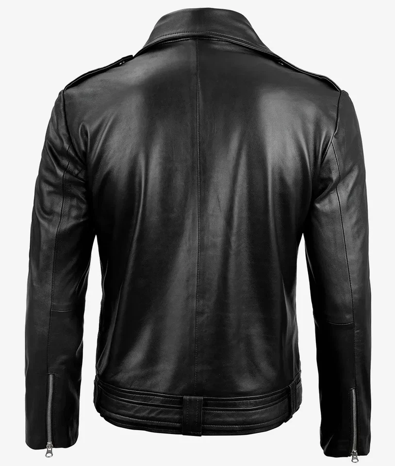 Chaqueta de cuero estilo motociclista con cinturón asimétrico negra Negan para hombre Foto 2 de 4
