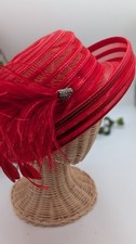 Red Church Stylish Dress Hat Feather Rhinestone Wide Brim Derby Wedding Formal