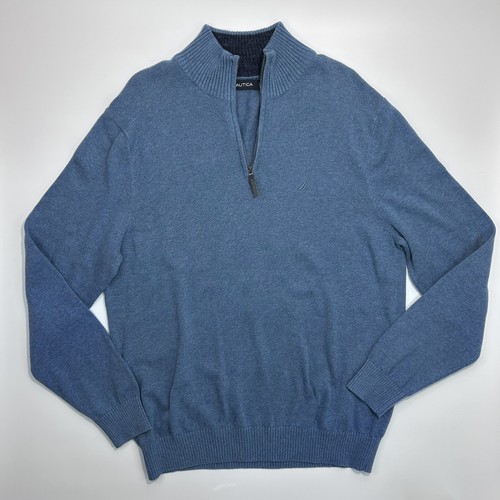 Nautica Sweater Mens Large Blue Pullover Quarter Zip Logo Mock Neck